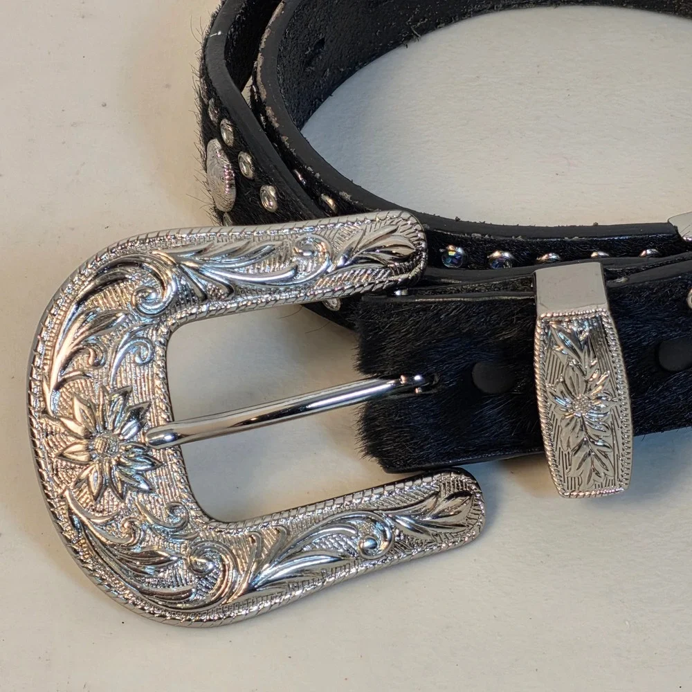 3D Belt DDD Womens 30 Black Leather Western Hair on Hide Rhinestone Studded Belt